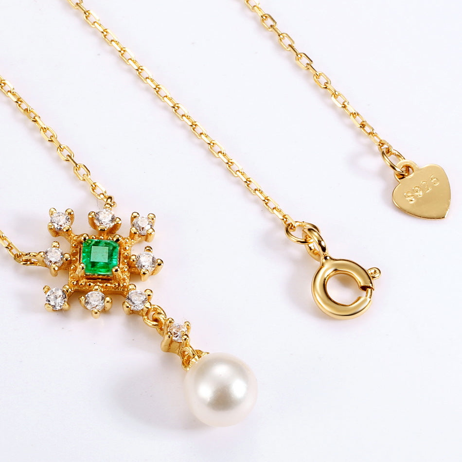 Green Accent & Pearl Drop Necklace in Gold-Tone Silver