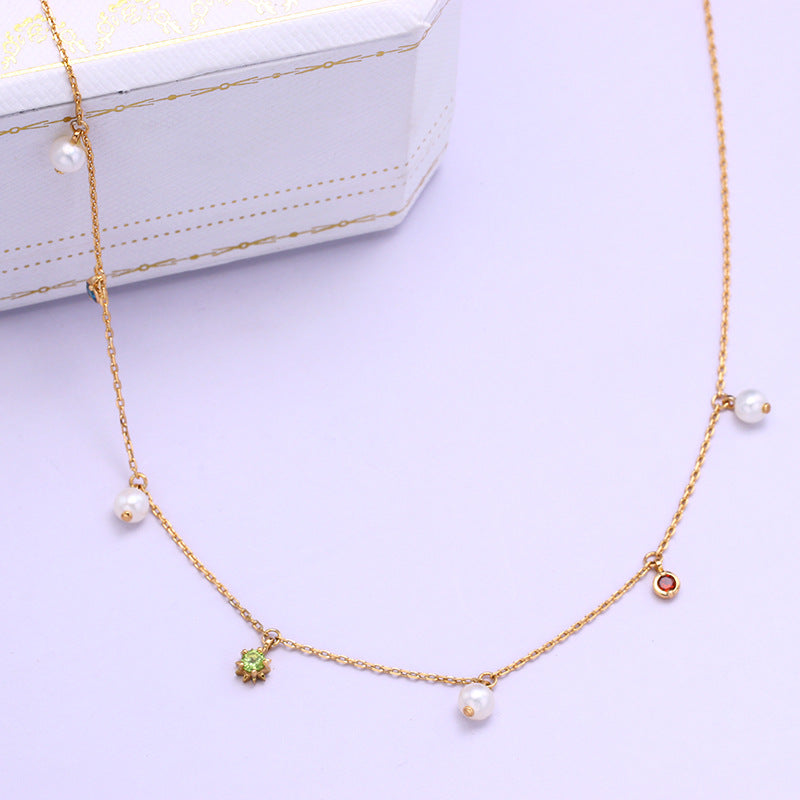 Star & Pearl Station Necklace in Gold-Tone Silver