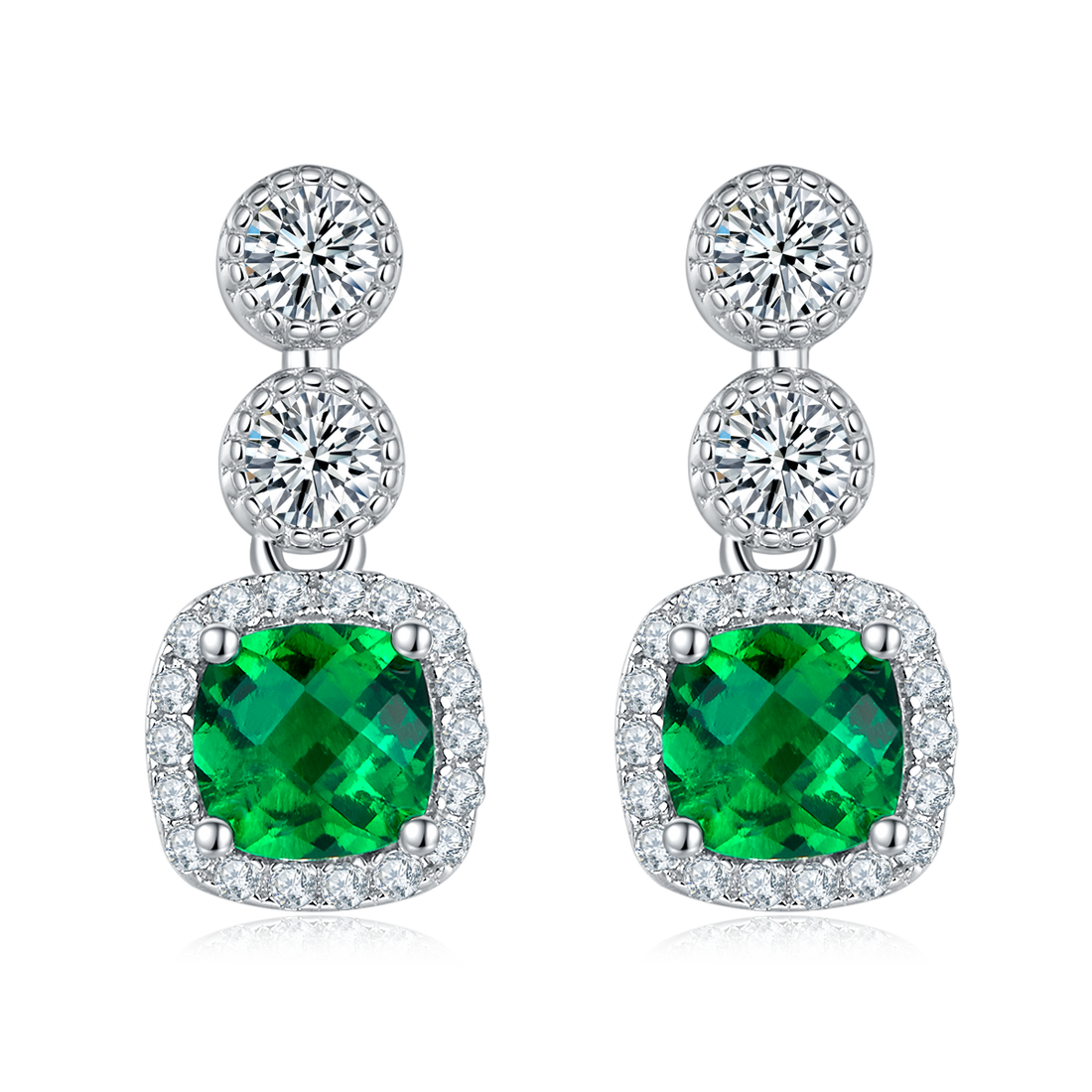S925 Silver 2.2g Platinum Plated 0.98ct Lab-Created Emerald Drop Earrings, 5mm Halo