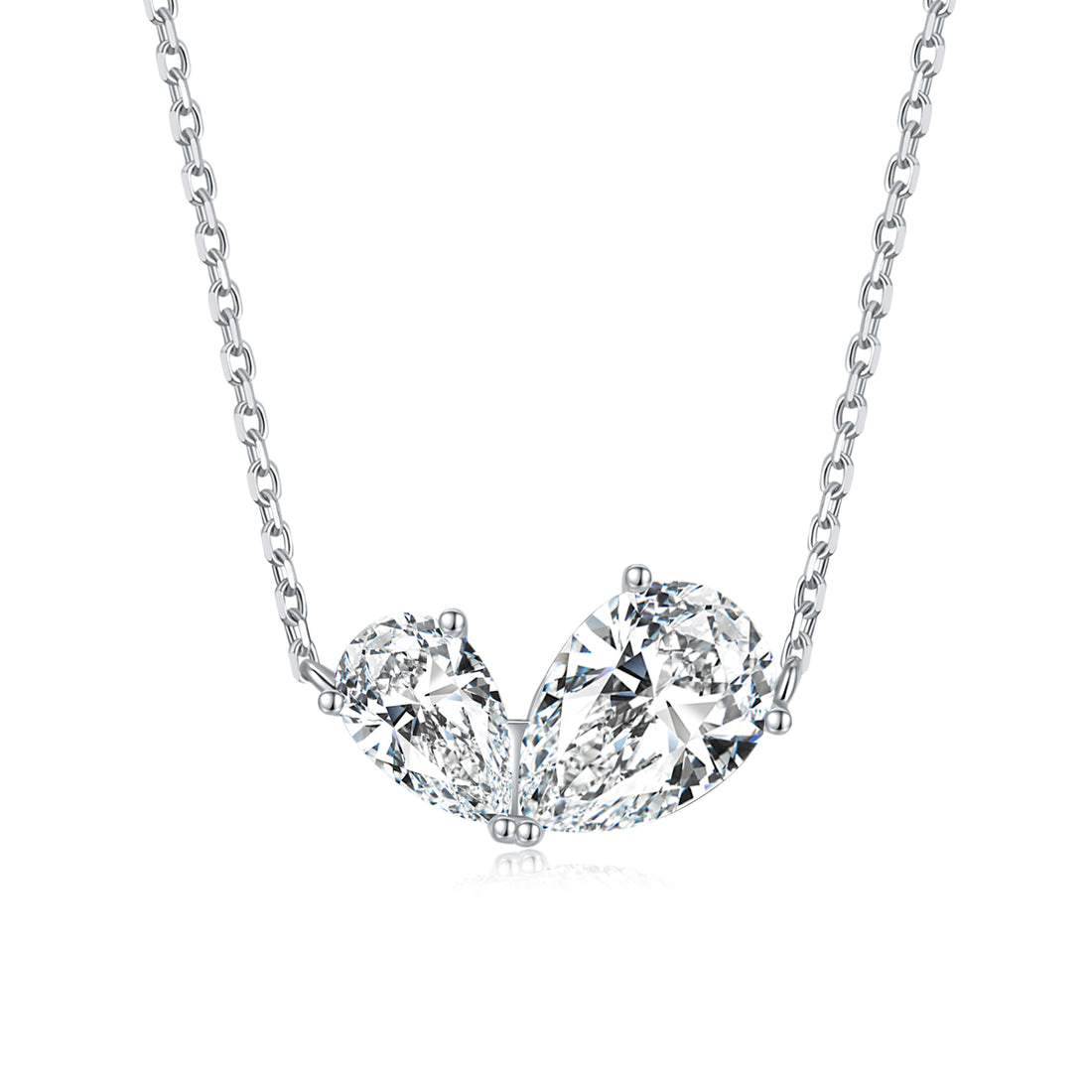 S925 Silver 3g Two Stone Pear Moissanite Necklace, 10x7mm and 8x5mm D VVS1, GRA 42+3cm