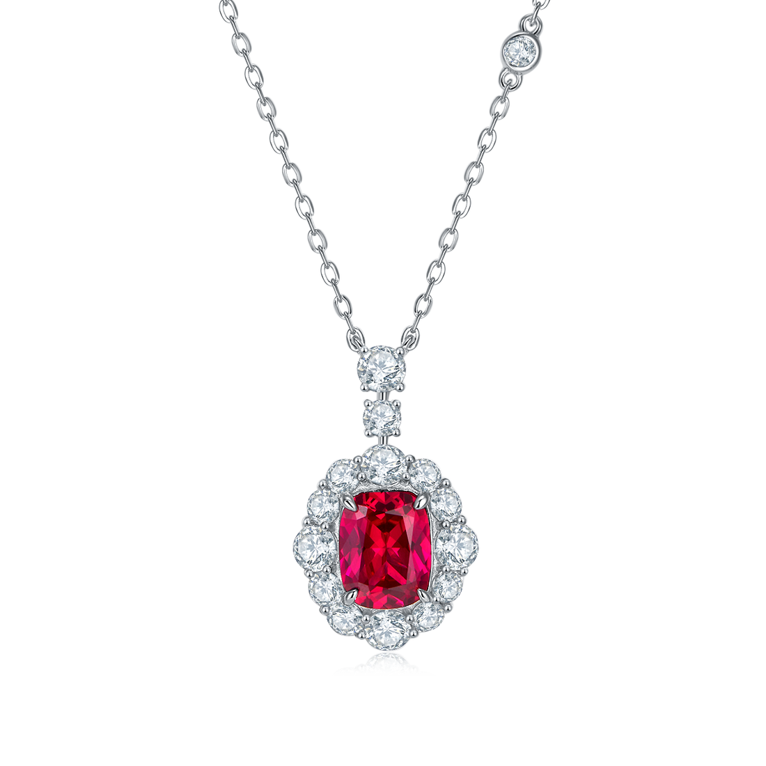 S925 Silver 5g Platinum Plated 4ct Lab-Created Ruby Necklace, 9x7mm Halo Pendant, 40 and 5cm