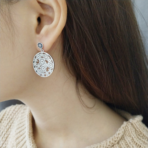 Filigree Medallion Drop Earrings in Silver