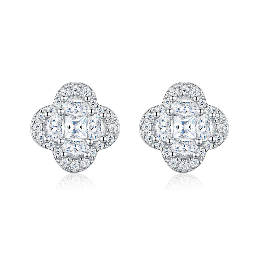S925 Silver 2.5g Platinum Plated D VVS1 Moissanite Flower Cluster Stud Earrings, Pair