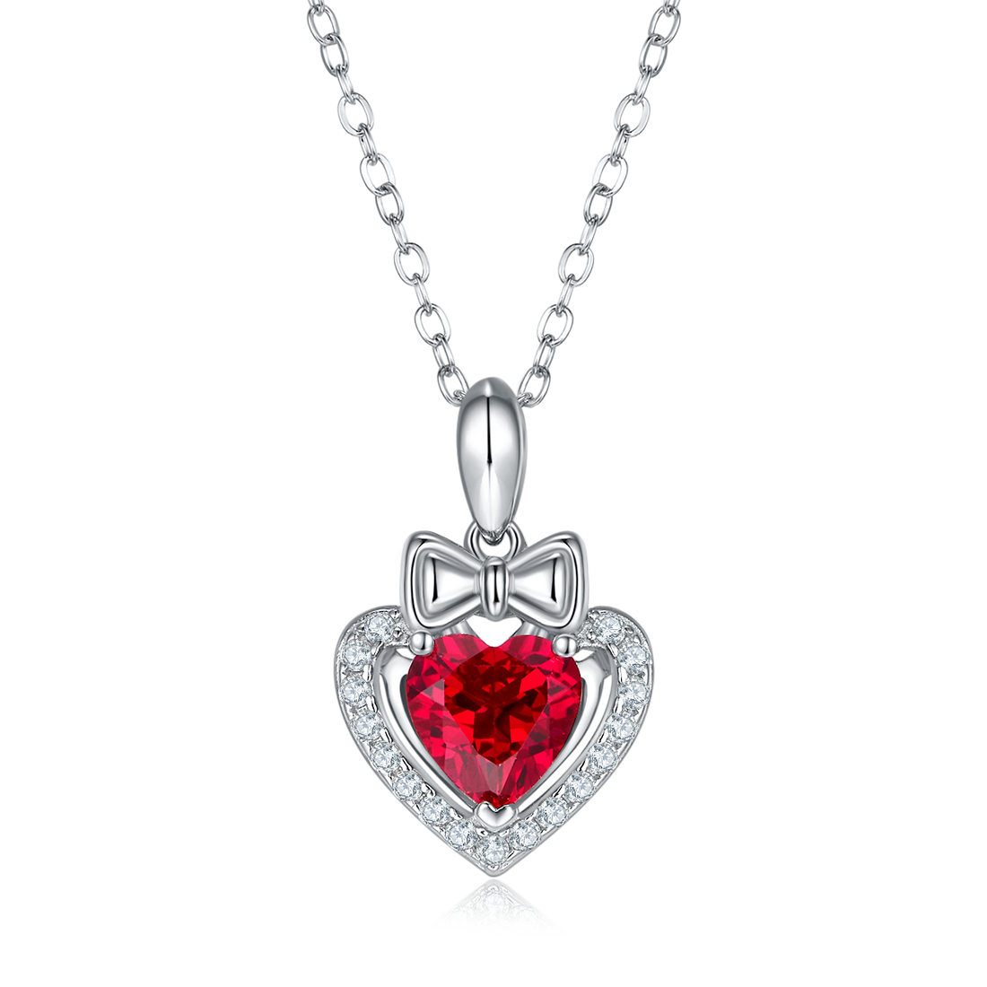 S925 Silver 3g Platinum Plated 1.56ct Lab-Created Ruby Heart Necklace, 7mm Pendant, 40&5cm