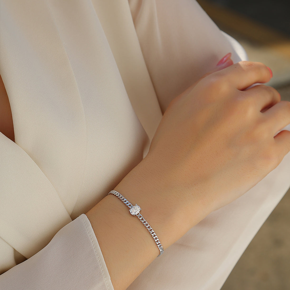 S925 Silver 1ct Oval Moissanite Bracelet, Cuban Link Adjustable