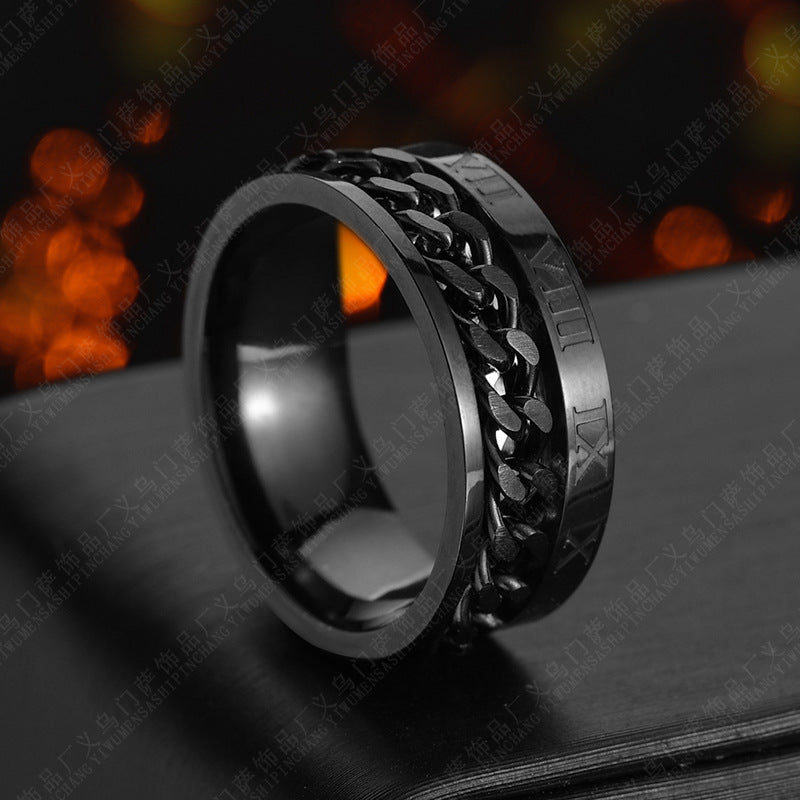 Roman Letter Rotatable Chain Rings Men Digital Titanium Steel Ring Spinner Jewelry