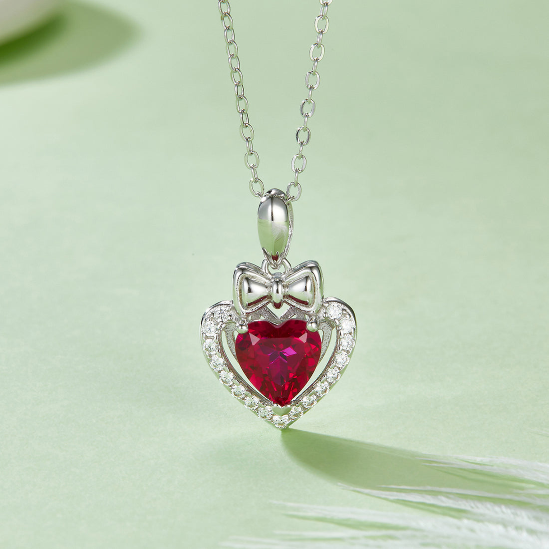 S925 Silver 3g Platinum Plated 1.56ct Lab-Created Ruby Heart Necklace, 7mm Pendant, 40&5cm