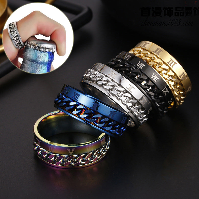 Roman Letter Rotatable Chain Rings Men Digital Titanium Steel Ring Spinner Jewelry