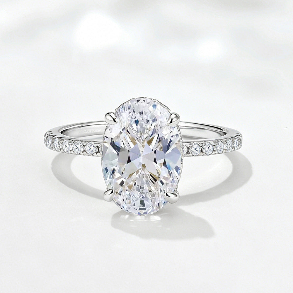 S925 Sterling Silver Oval Pigeon Egg Ice-flower Cut Cubic Zirconia Ring For Women