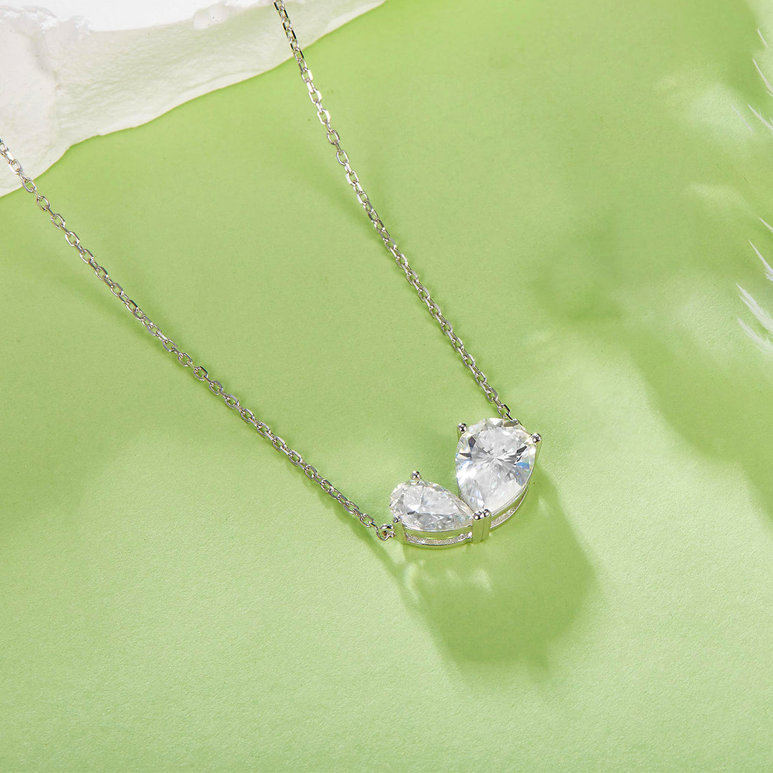 S925 Silver 3g Two Stone Pear Moissanite Necklace, 10x7mm and 8x5mm D VVS1, GRA 42+3cm