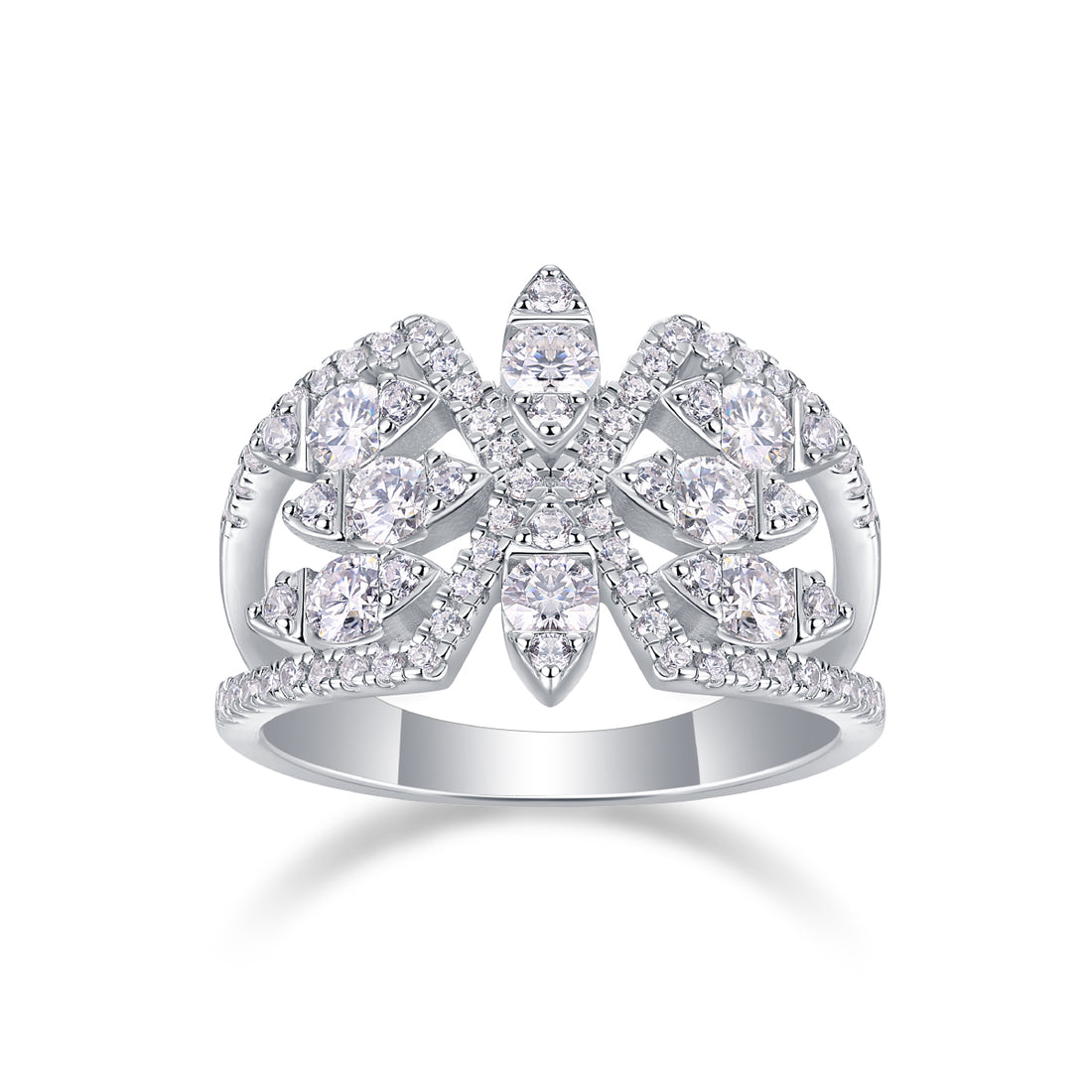 S925 Silver 3.8g Platinum Plated Moissanite Ring, 14.3mm Floral Cluster, D VVS1 GRA