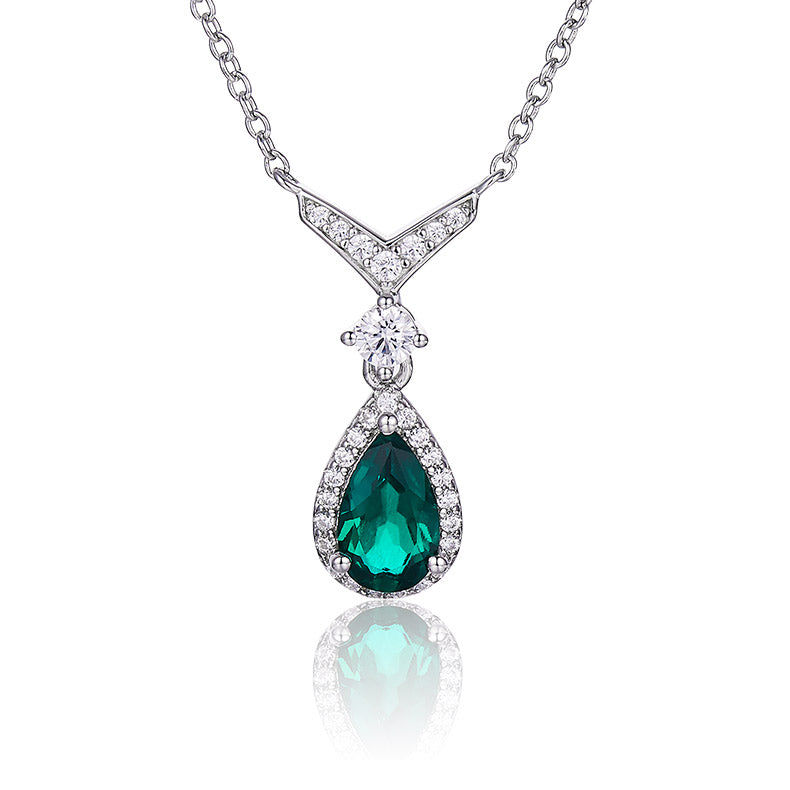 S925 Silver 2.5g 0.73ct Lab-Created Emerald Necklace, 5x5mm Teardrop Pendant, 40 and 5cm