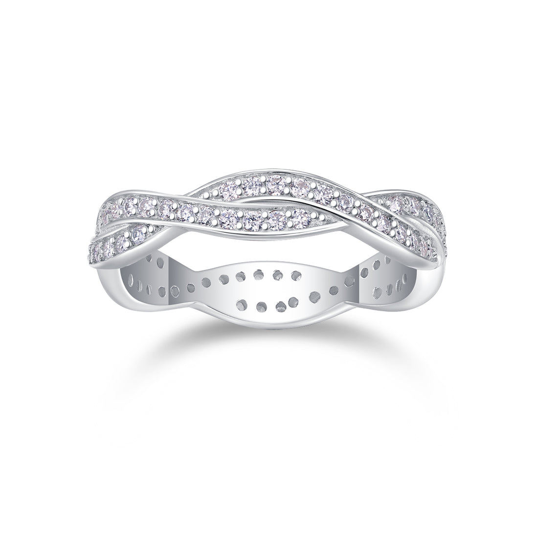 S925 Silver 3.2g Platinum Plated Moissanite Ring, 4.36mm Twisted Pave Band, GRA
