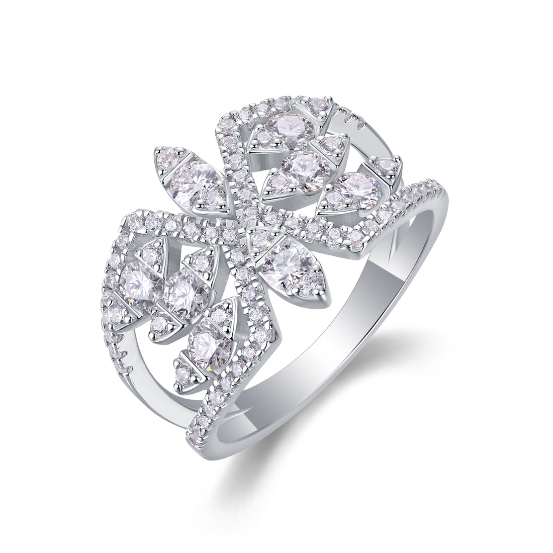 S925 Silver 3.8g Platinum Plated Moissanite Ring, 14.3mm Floral Cluster, D VVS1 GRA