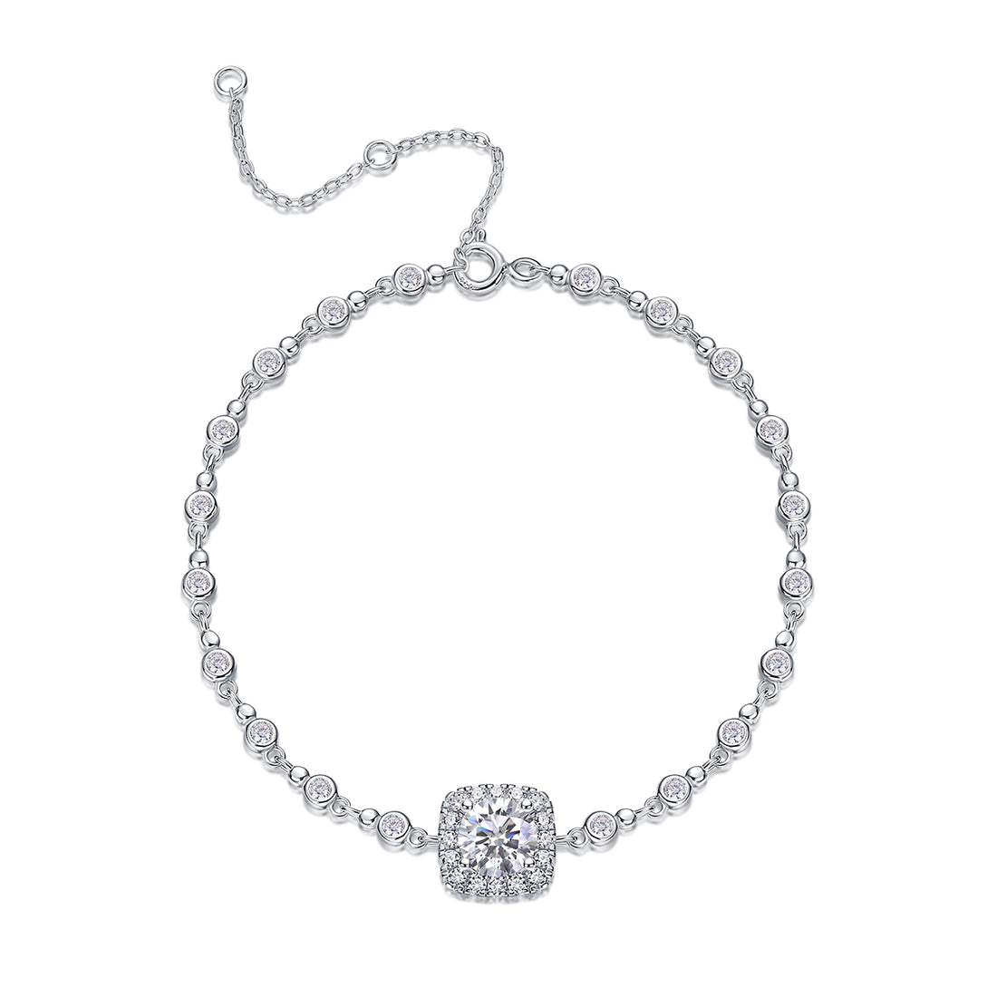 S925 Silver 1ct Cushion Halo Moissanite Bracelet, D VVS1 16 and 5cm Adjustable