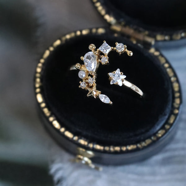 Star-Moon Open Ring in Gold-Tone Silver