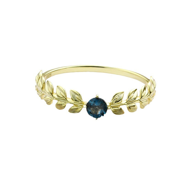 Blue-Accent Leaf Ring in Gold-Tone Silver