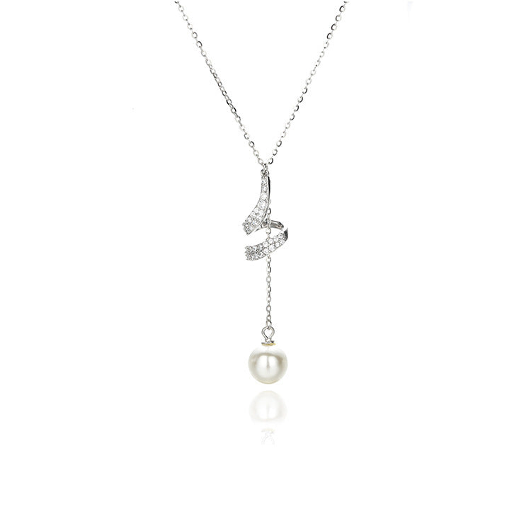 Fan & Pearl Drop Necklace in Gold-Tone Silver - view 6
