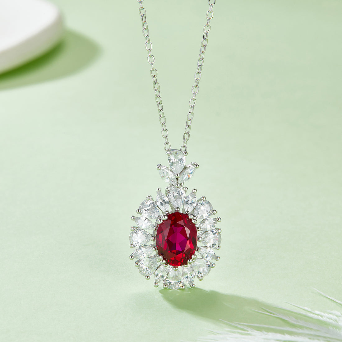 S925 Silver 4.6g Platinum Plated 2ct Lab-Created Ruby Necklace, 9x7mm Halo, 40&5cm