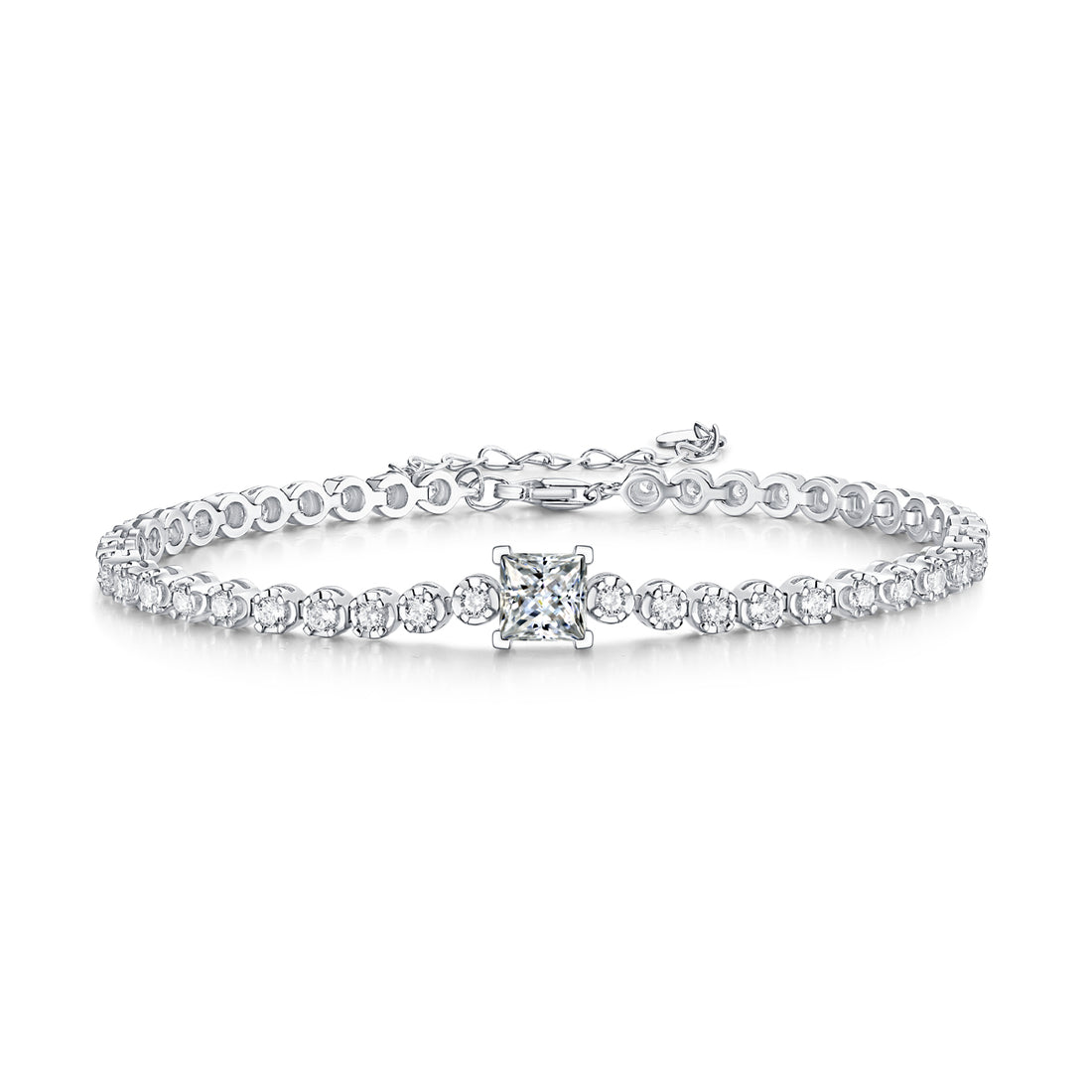 S925 Silver 1ct Princess Cut Moissanite Bracelet Adjustable GRA Certified