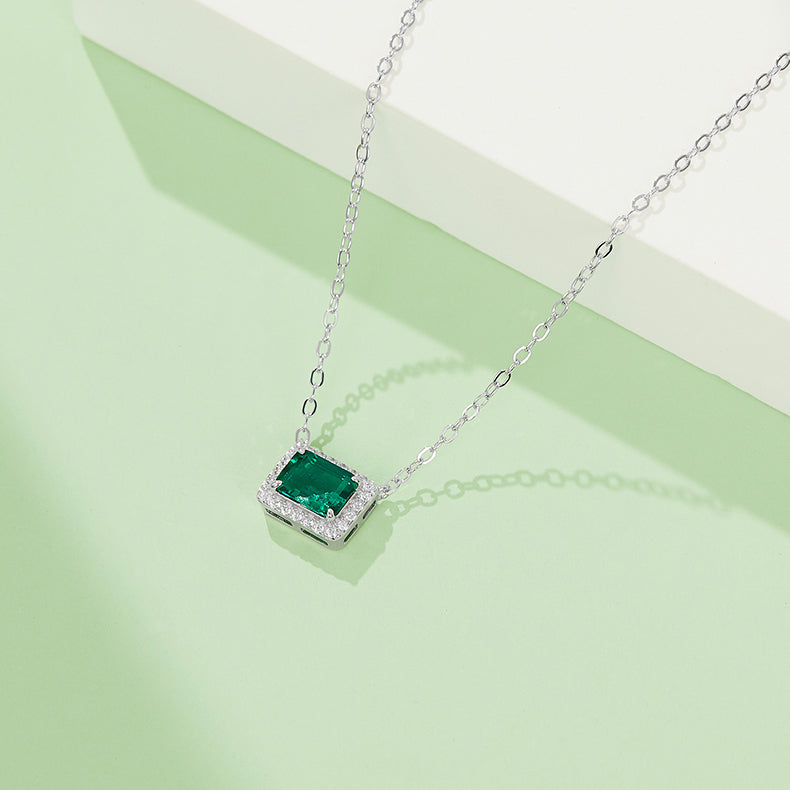 S925 Silver 2.4g 0.9ct Lab-Created Emerald Necklace, 7x5mm Halo Pendant, 40&5cm