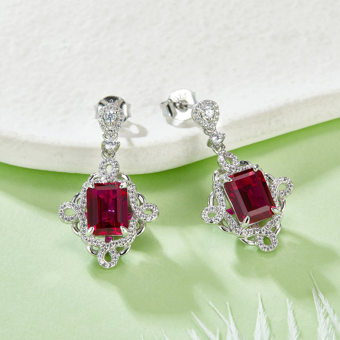 S925 Silver 4.4g Platinum Plated Lab-Created Ruby Drop Earrings, 8x6mm Emerald Cut