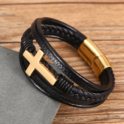 Multi-layer Braided Stainless Steel Cross Men's Bracelet - view 2