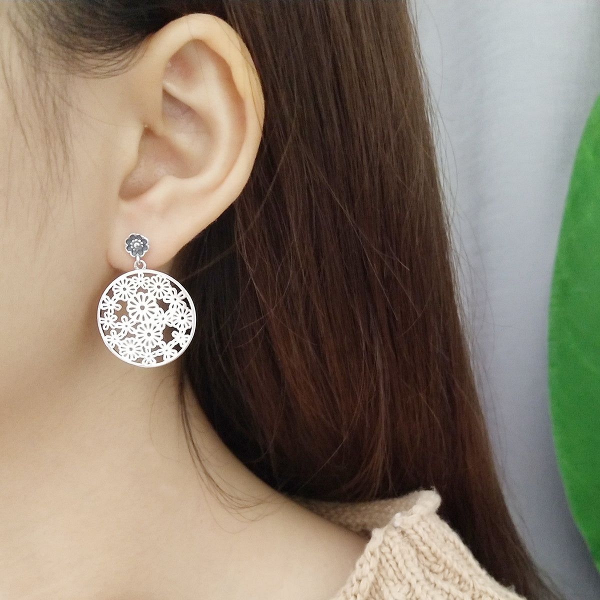 Filigree Medallion Drop Earrings in Silver — product photograph 3