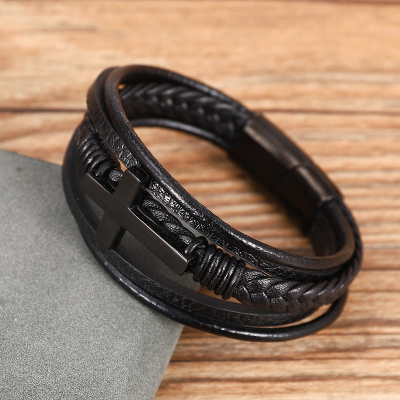 Multi-layer Braided Stainless Steel Cross Men's Bracelet - view 4