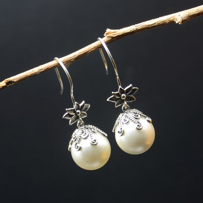 Ornate Silver & Pearl-Accent Drop Earrings - view 4