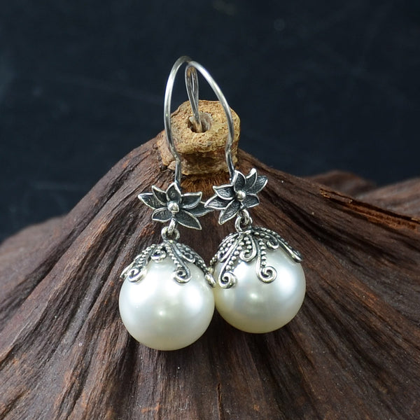 Ornate Silver & Pearl-Accent Drop Earrings