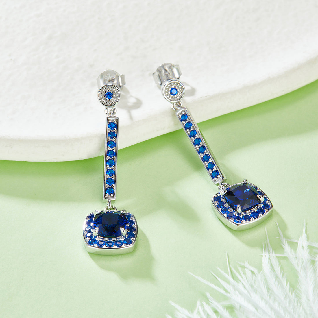 S925 Silver 4.5g Lab-Created Sapphire Drop Earrings, 2ct 6x6mm Cushion, Pair