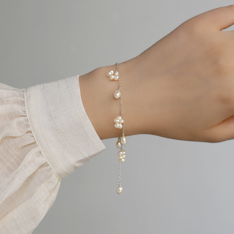 Freshwater Pearl Flower-Cluster Bracelet with Silver Details