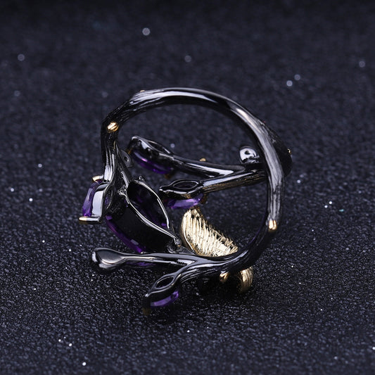 Amethyst Leaf Cluster Ring in Silver - view 1