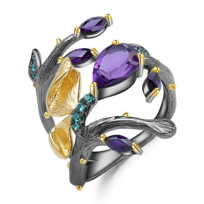 Amethyst Leaf Cluster Ring in Silver - product view 1