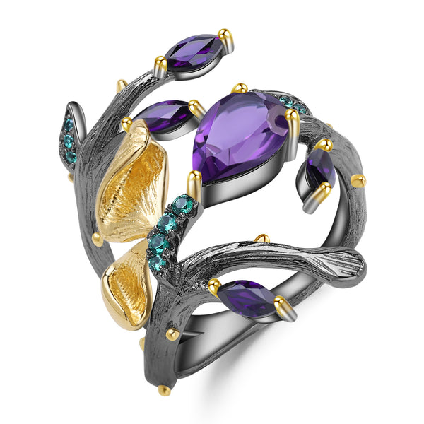 Amethyst Leaf Cluster Ring in Silver