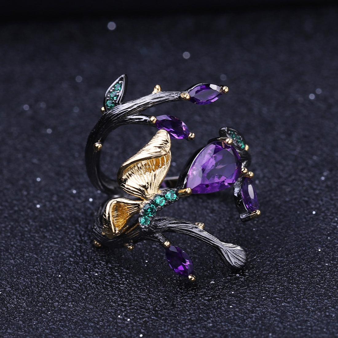 Amethyst Leaf Cluster Ring in Silver - product view 2
