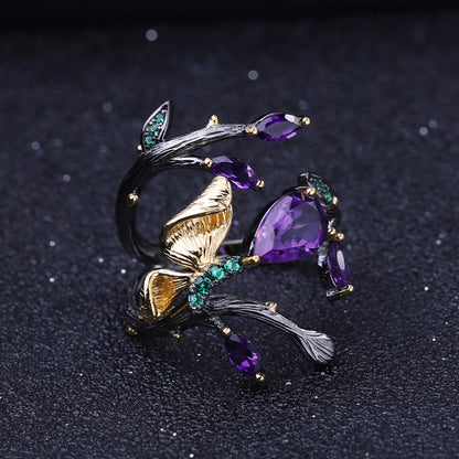 Amethyst Leaf Cluster Ring in Silver - product view 2