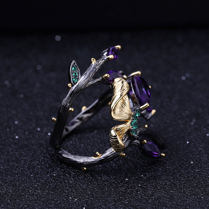 Amethyst Leaf Cluster Ring in Silver - product view 3