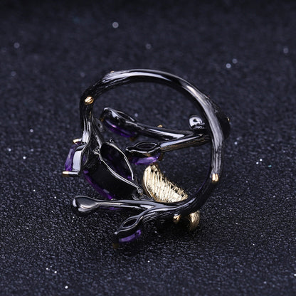 Amethyst Leaf Cluster Ring in Silver - product view 4