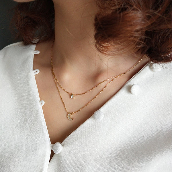 Double Star Moon Necklace in Gold-Tone Silver