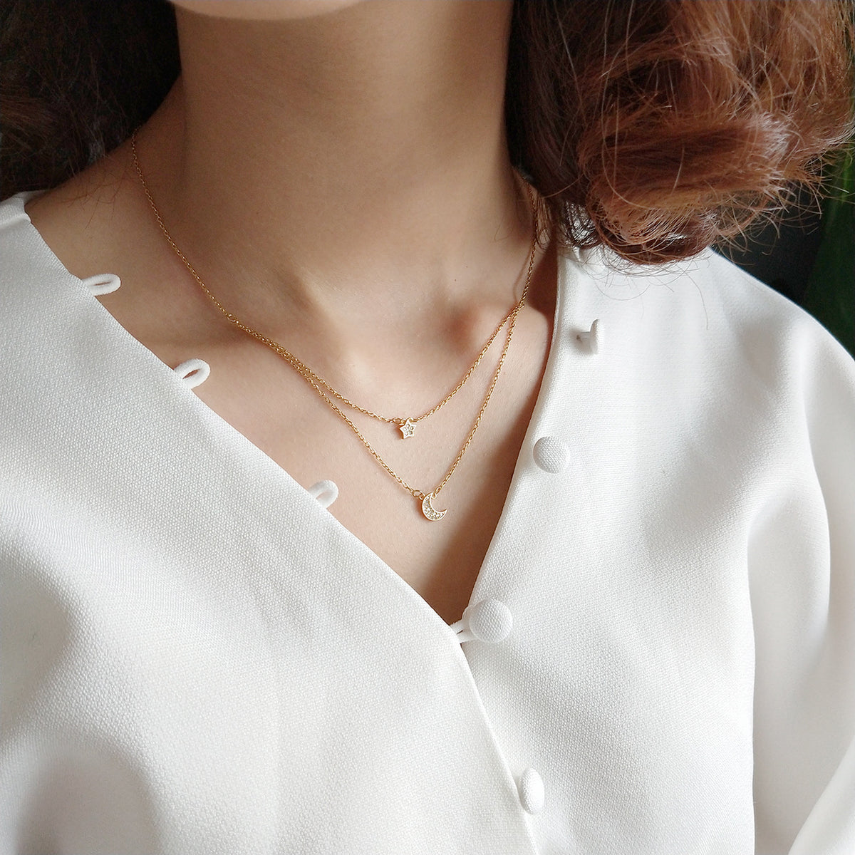 Double Star Moon Necklace in Gold-Tone Silver - product view 2