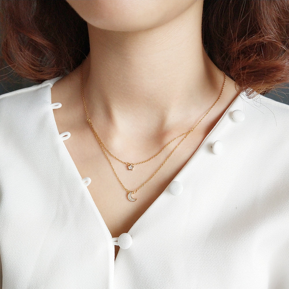 Double Star Moon Necklace in Gold-Tone Silver - product view 3