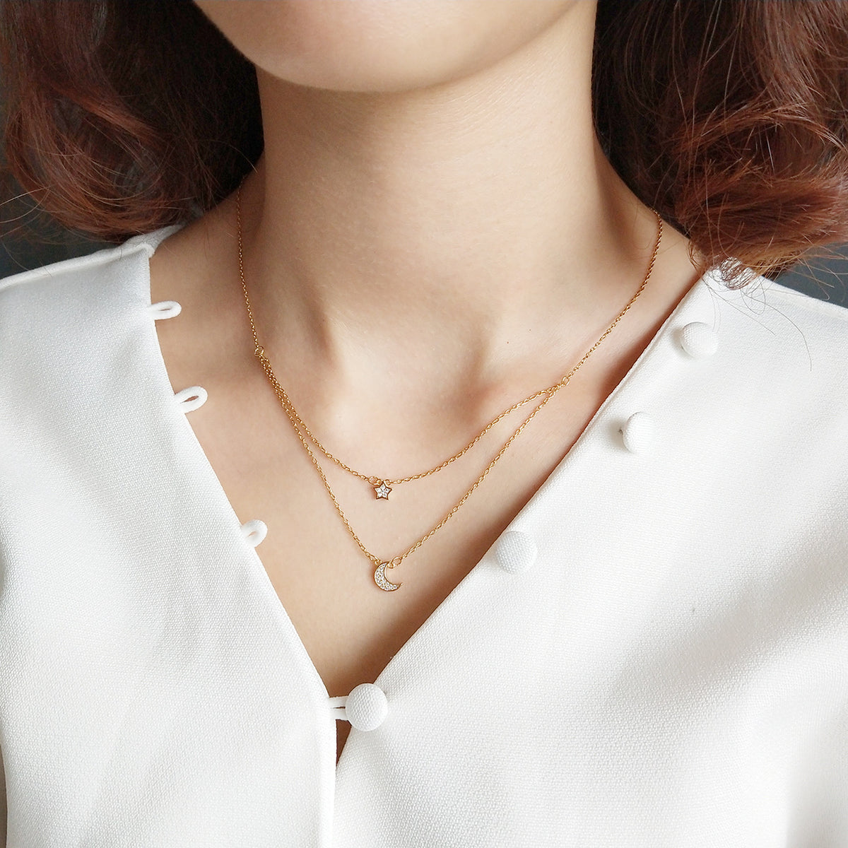 Double Star Moon Necklace in Gold-Tone Silver - product view 3