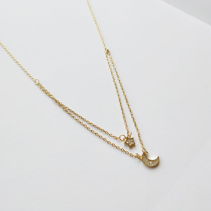 Double Star Moon Necklace in Gold-Tone Silver - product view 4