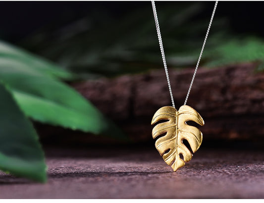 Monstera Leaf Necklace in Gold-Tone Silver — product photograph 1