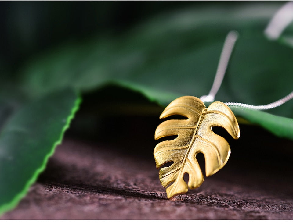 Monstera Leaf Necklace in Gold-Tone Silver — product photograph 2