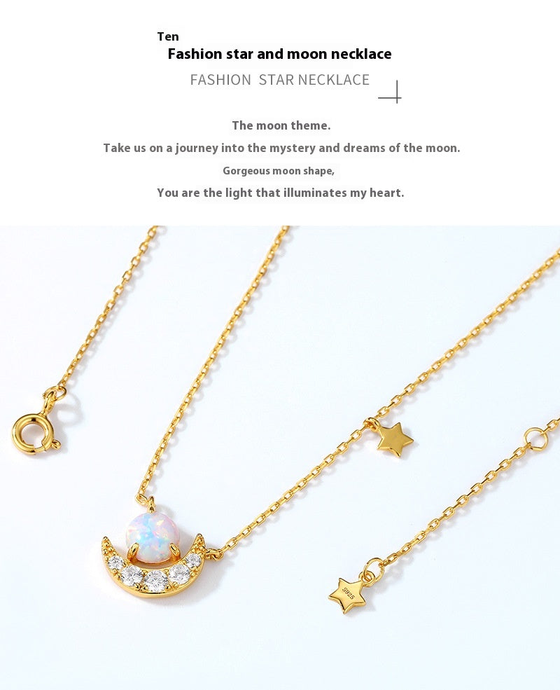 Synthetic Opal Crescent Necklace in Silver - product view 2