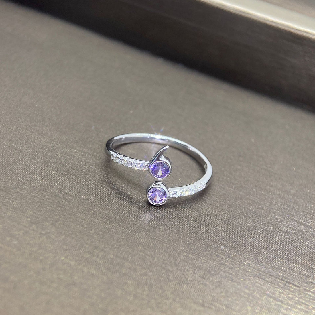 Purple Zircon Flower Open Ring in Silver - product view 2