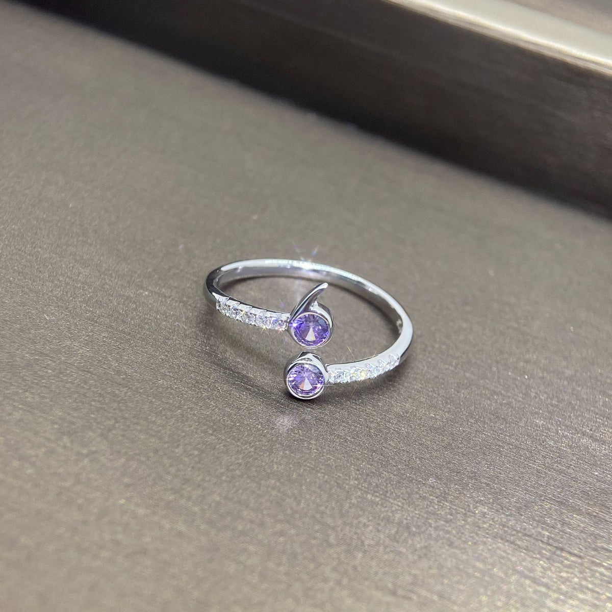 Purple Zircon Flower Open Ring in Silver - product view 2